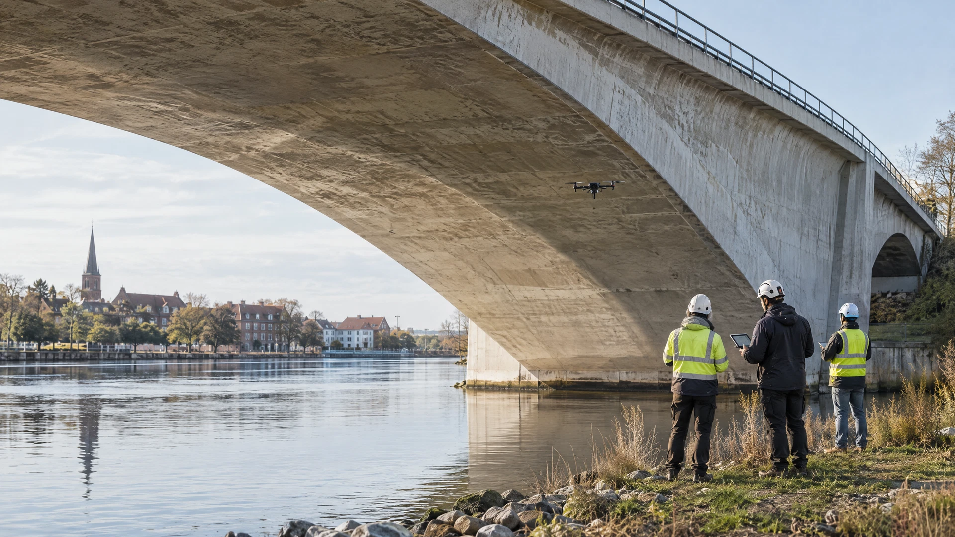 Bridge engineers inspecting the underside of a concrete arch bridge beside water